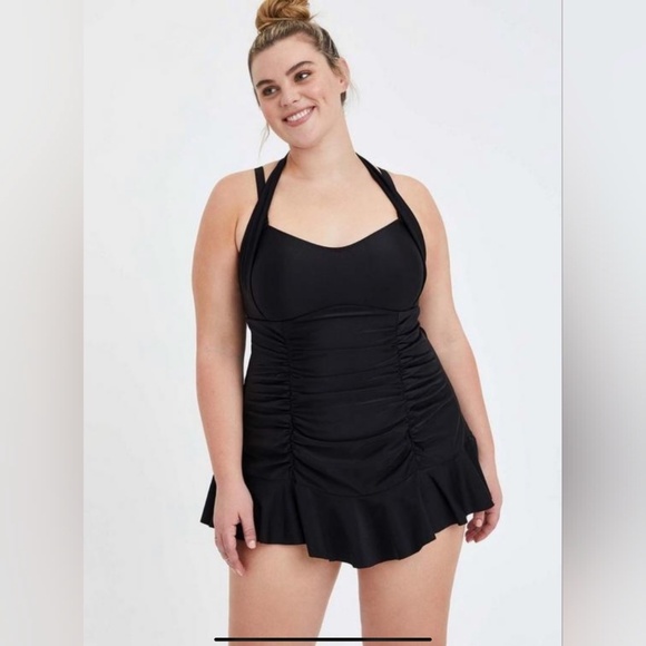 torrid Other - Torrid Sz 3 Black Ruched Halter Swim Dress Retro One Piece Swimsuit